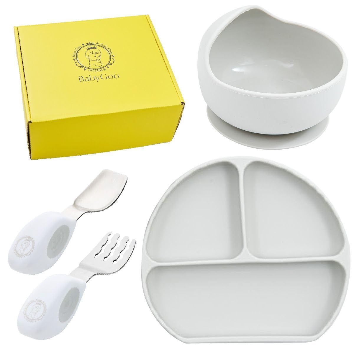 BabyGoo? ベビー食器セット プレミアム ひっくり返らない 赤ちゃん 離乳食 吸盤 すくいやすい シリコン くっつく 赤ちゃん 人気 出産祝い プレート ボウル スプーン フォーク トレーニングカトラリー 食品衛生検査済み (スモーキー 57bb5927