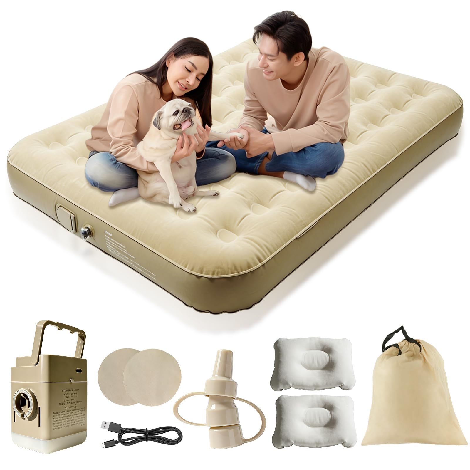 ☆新品☆エアーベッドダブル 電動ポンプ内蔵 エアーマットレス 簡易ベッド 200×152×25cm 耐荷重300kg ワンタッチ操作 自動膨張 折り畳み式 枕 収納袋 コンパクト 寝具 防水 通気 快適 花見 キャンプ アウトドア 来客用 防 a6adcb21