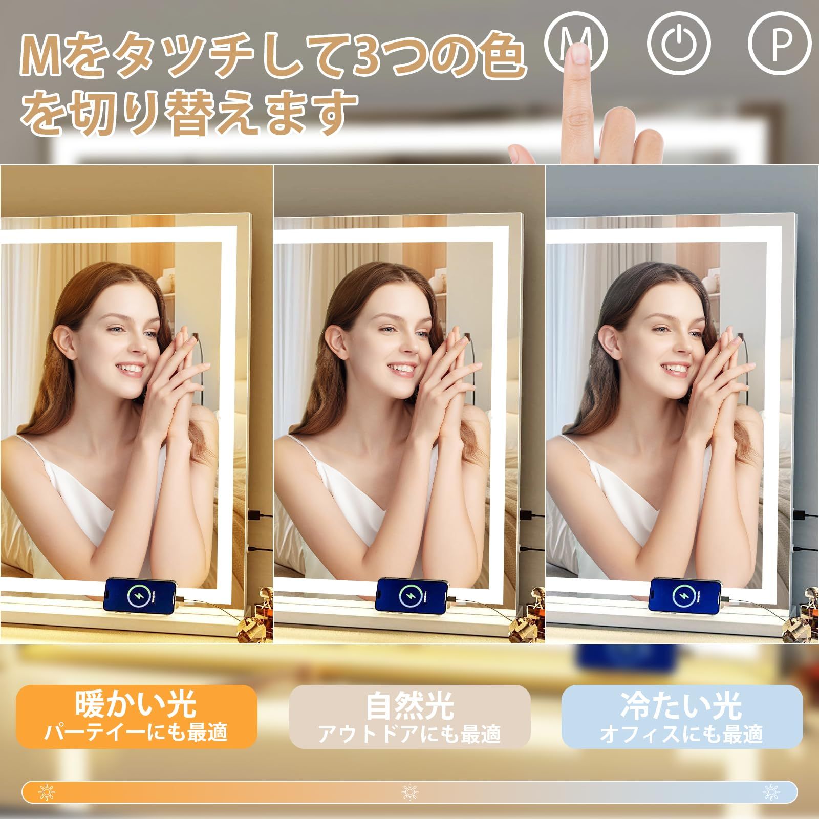 Lasola 化粧鏡 女優ミラー 壁掛け/卓上両用 USBポート付き 10倍拡大鏡 