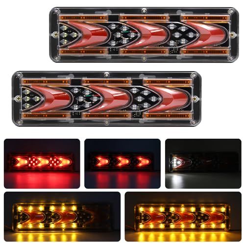 LEDトラック テールランプ - 高輝度・防水防塵の5機能テールライト(ターンシグナル/リバース/ランニング/ブレーキ/流れるウィンカー)ケーブル付き 軽トラック・トレーラー・農業車両用 (24V C字型)@ 094163ef