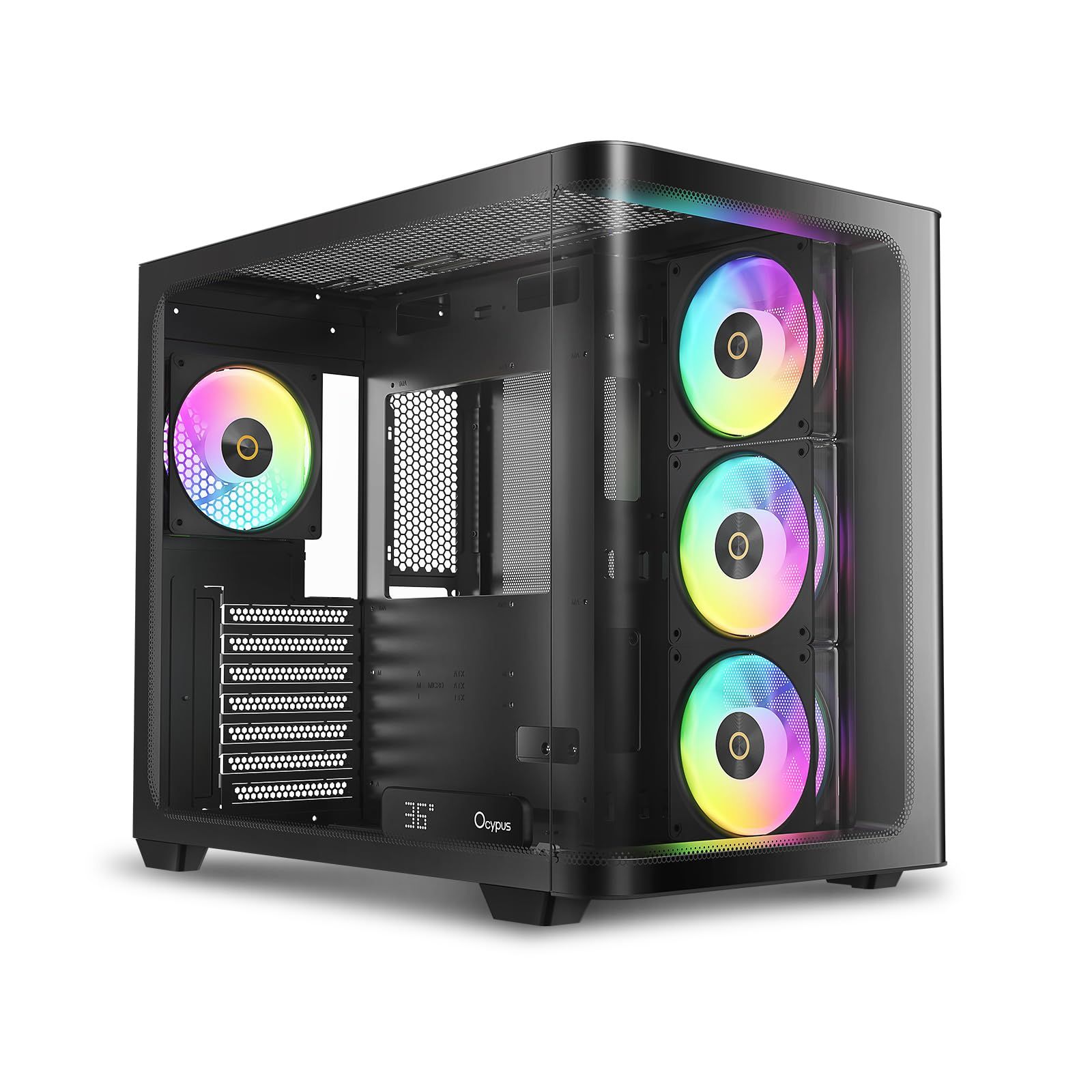 Iota C70 BK Curve ARGB DigitalミッドタワーATXゲーミングPCケース、270°曲面パノラマビュー、リアルタイム温度表示、PWMファン4基プリインストール、完全通気エアフロー、大型デュアルチャンバー、ATX/MATX/ITX対応