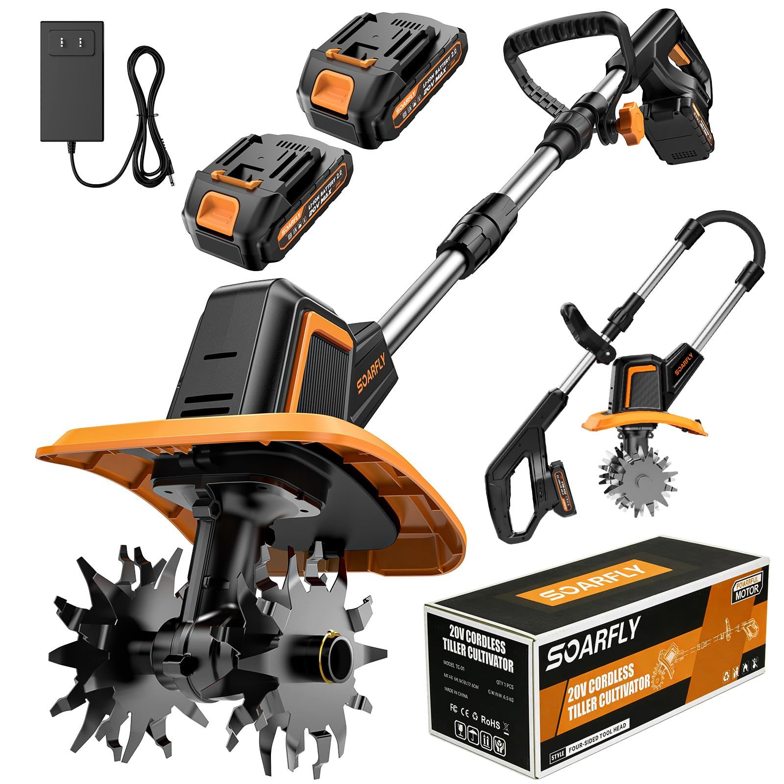 SOARFLY 耕運機 家庭用 充電式耕うん機 2026新登場 2個2.0Ahバッテリーセット 20V 耕幅255mm/耕深220mm コードレス 小型 軽量 組み立て簡単 家庭菜園 水田畑 農業土耕す 日本語取扱説明書付きkk