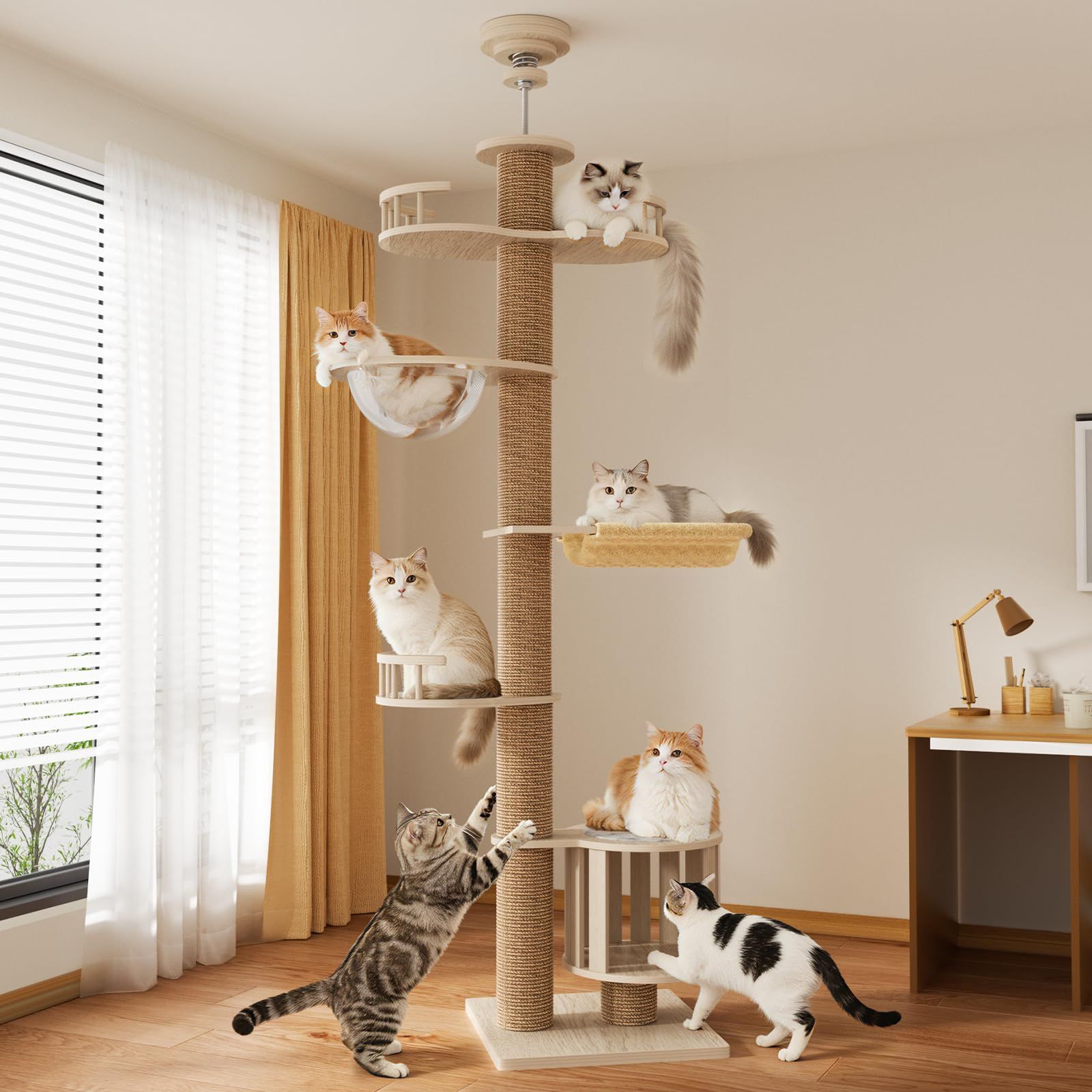 [ChicKone] キャットタワー 突っ張り ネコタワー 木製 スリム 宇宙船付き ハンモック 大型猫 爪とぎ 多頭飼い 猫タワー ツッパリ 人気 木登りタワー キャットツリー 多層無垢材 太い支柱 おしゃれ 安定感 運動不足解消 (ナチュラル, 200~2