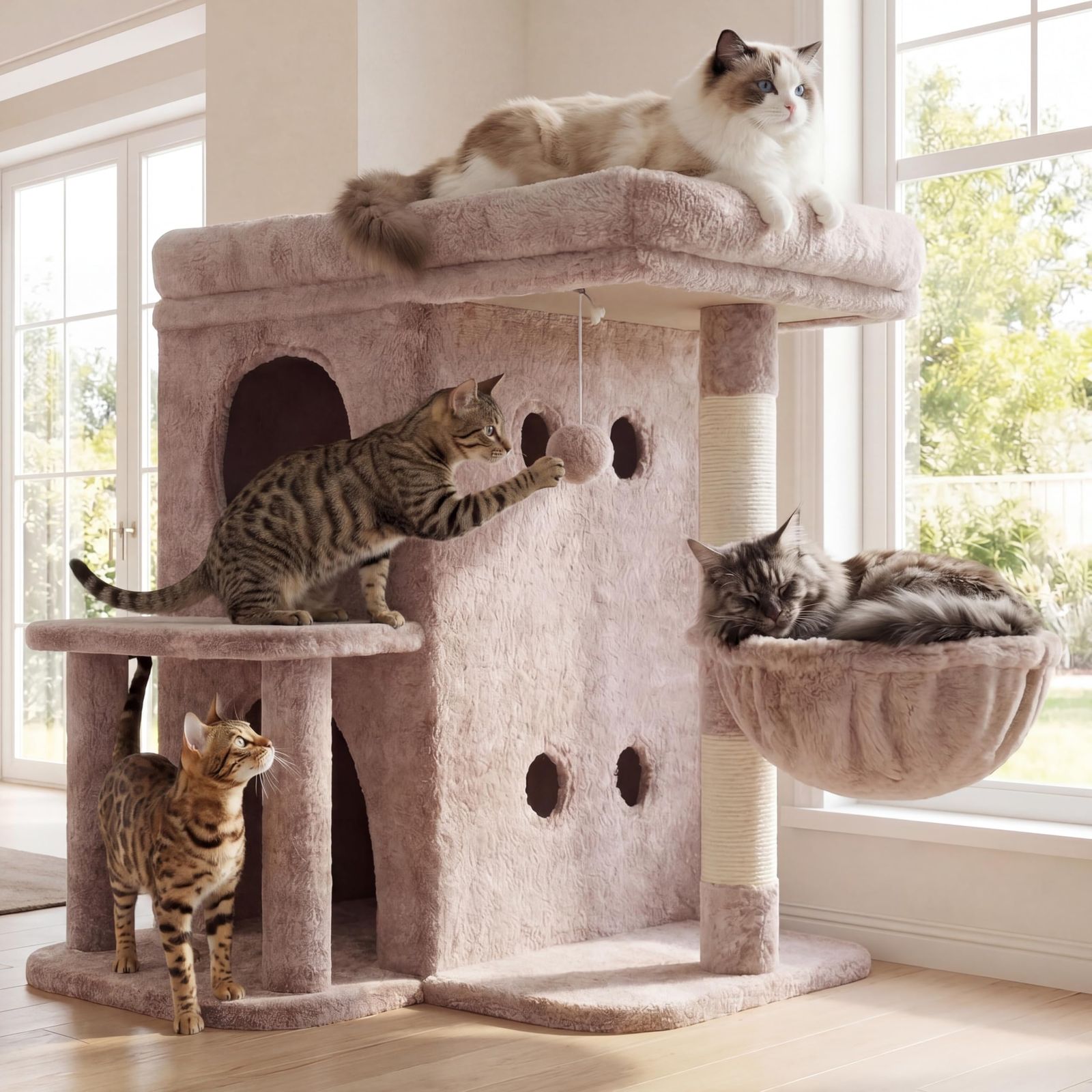 Heyblyキャットタワー 高さ65cm 大型猫用 猫タワー 据え置き スリム 省スペース 多頭飼い対応 広々としたプラットフォーム 二段猫ハウス 剣麻巻き爪とぎ柱 快適なバスケット ポンポン飾り付き 室内用猫家具 ローズブラウン HCT204SMU