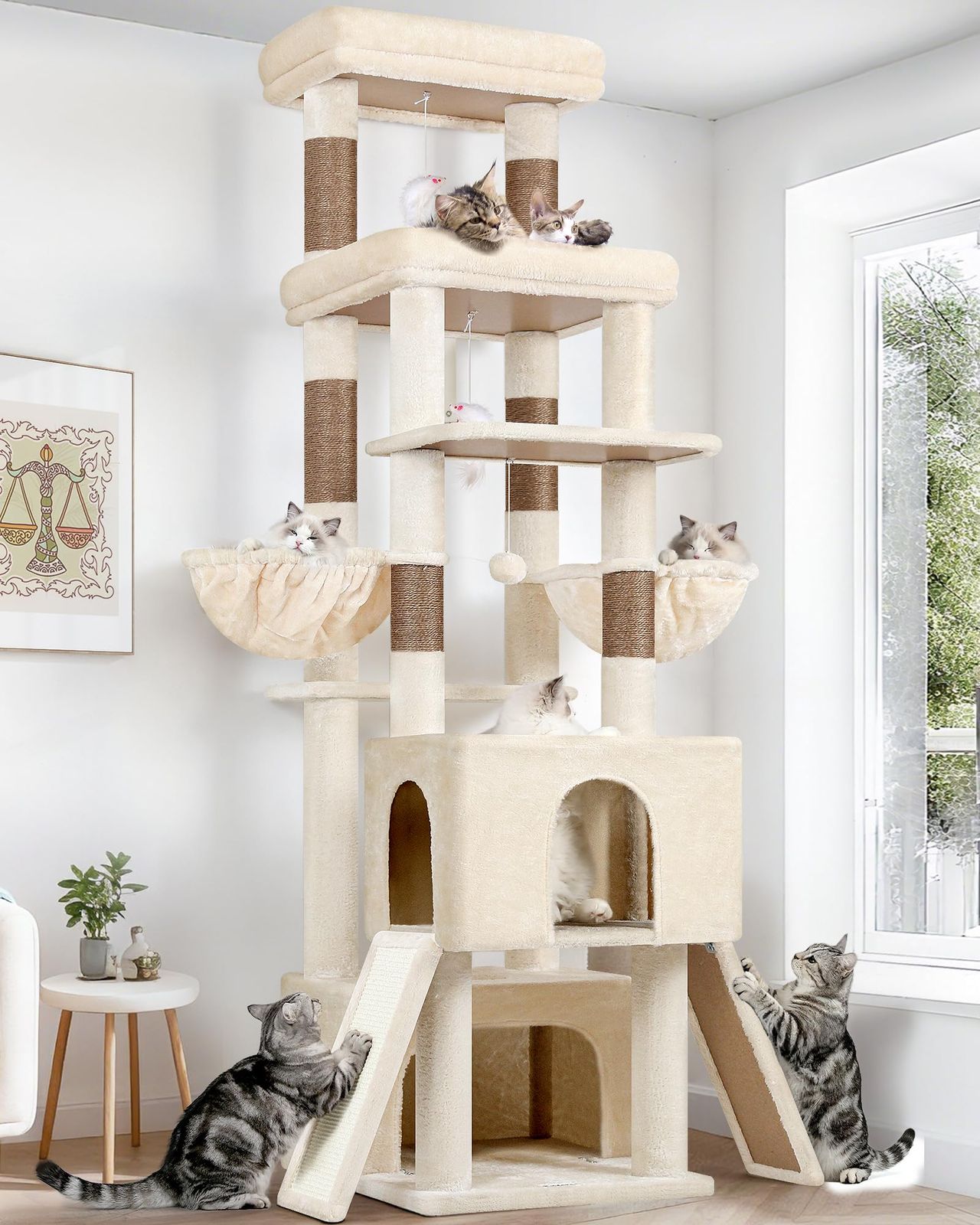 Globlazer キャットタワー ベージュ 高さ199cm 大型猫用 頑丈 猫タワー 広いなキャットハウス2つ トップ見晴台 特大ソフト展望台 バスケット2つ 天然麻紐のスロープ2つ 転倒防止ストラップ キャットタワー 多頭飼い 成猫、子猫、高齢猫に適して