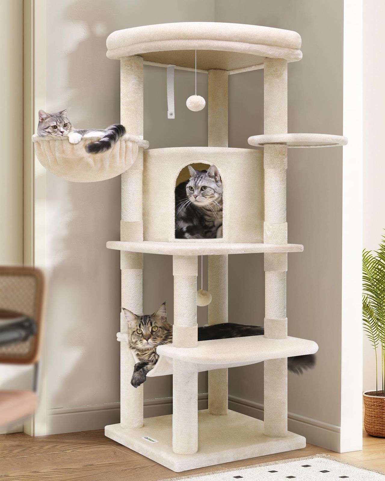 Globlazer キャットタワー コーナ猫タワー 猫ハウス コンパクト 据え置 き 天然麻紐 爪とぎポール 隠れ家 展望台 ハンモック ポンポン おもちゃ 転倒防止装置 優しい丸角設計 おしゃれ 省スペース 登りやすい 組立簡単 頑丈 安定感 運動不足解消