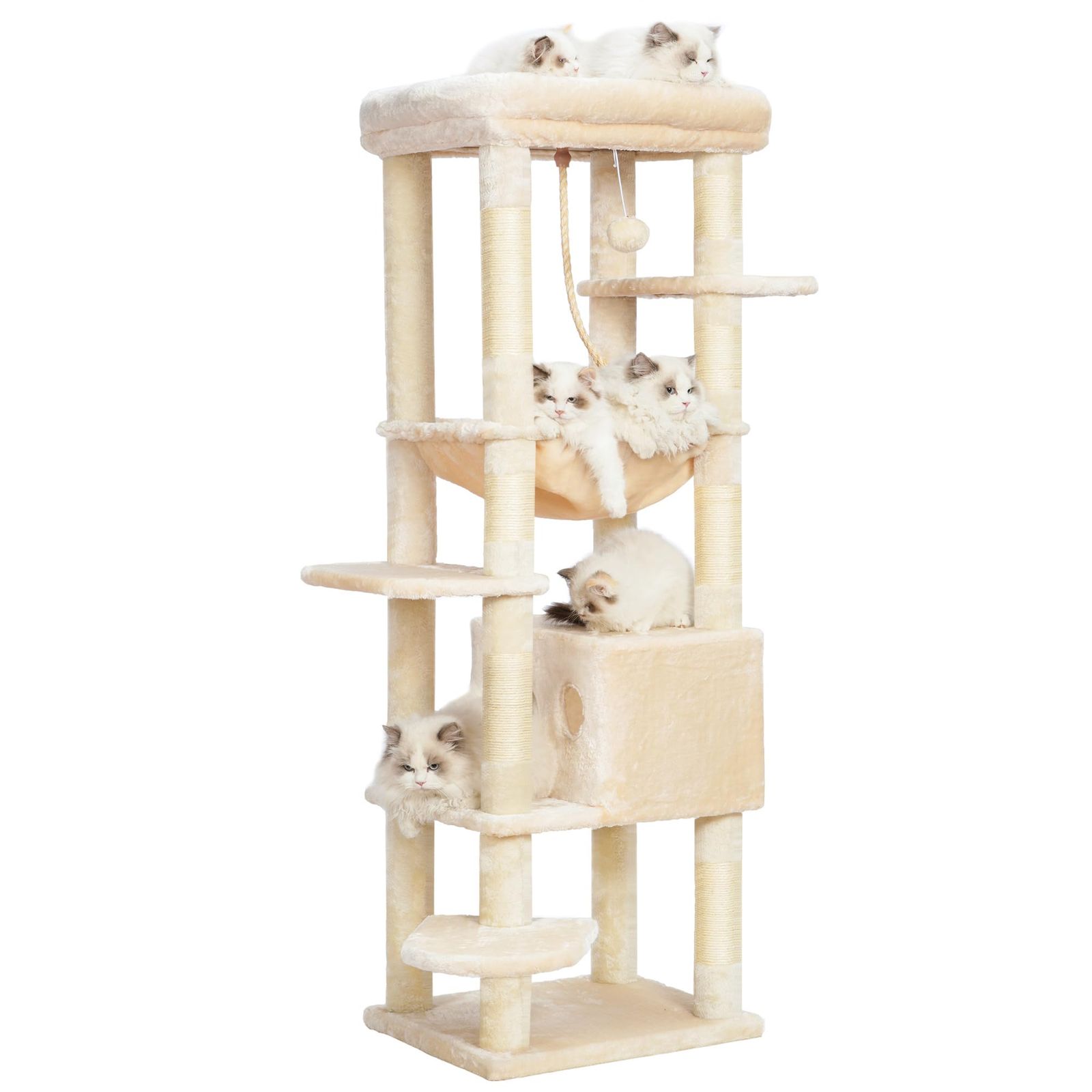 Heybly キャットタワー 大型猫用 多頭飼い 超スリム 省スペース 登りやすい ハンモック キャットハウス 大型見晴らし台 麻紐 爪研ぎ棒 高さ153cm ベージュ HCT050M