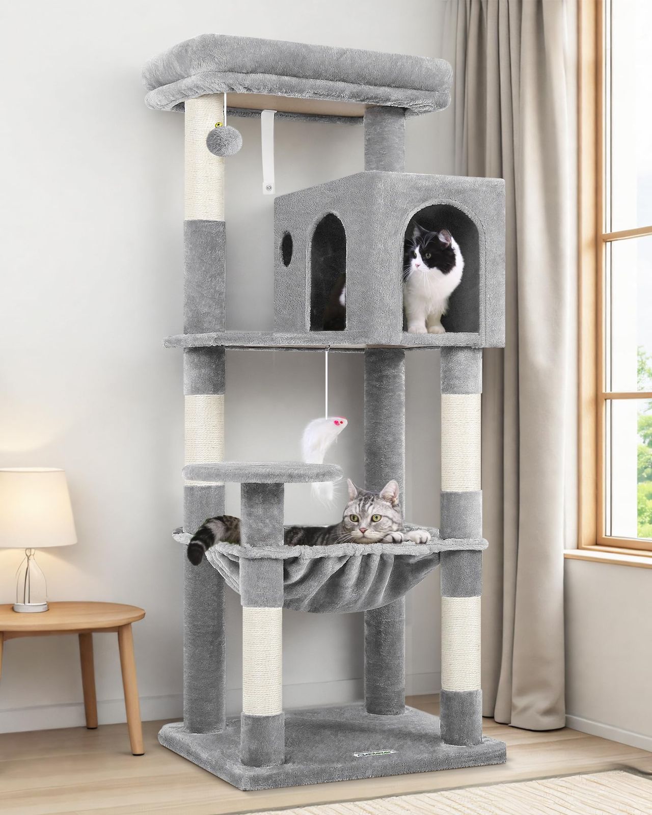 Globlazer 猫タワー ねこタワー 中型 据え置き キャットタワー ハンモック付き 猫用品 天然サイザル麻の爪とぎポール 猫ハウス 広い展望台 ポンポン???もちゃ 転倒防止ベルト付き 安定 頑丈 子猫 中型猫 猫ベッドカバー取り外し可能 運動不足解消