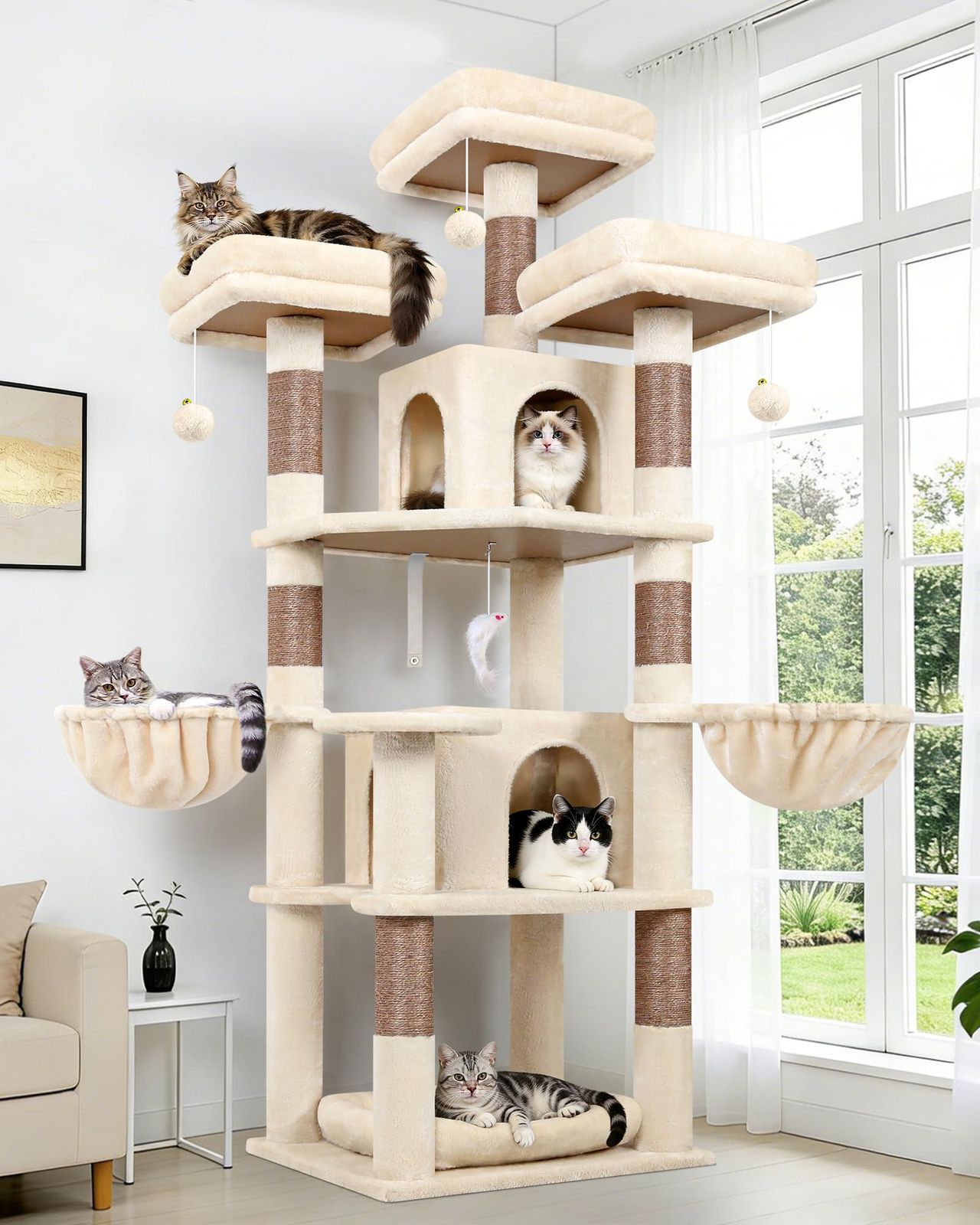 Globlazer キャットタワー ベージュ 高さ174cm 多機能 多頭飼い 猫タワー 取り外し可能なパッド展望台3つ キャットハウス2つ ポータブルペットベッド と柔らかく快適な吊り下げバスケット2つ 複数の天然麻紐の爪とぎポスト 転倒防止ストラップ 強い