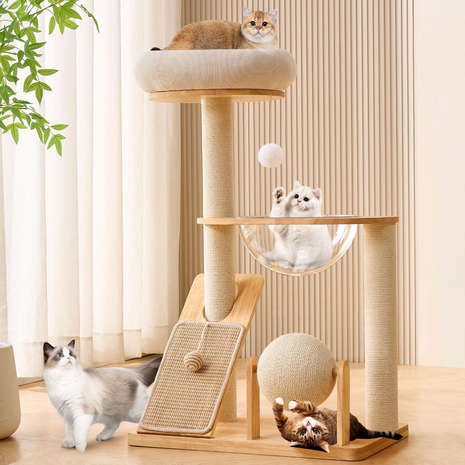 HITTITE 無垢材キャットツリータワー スクラッチポスト付き 高さ37.8インチのキャットタワー スクラッチボードとスクラッチャーボール付き モダンなキャットタワー スペースカプセルと取り外し可能なトップベッド付き 屋内猫用