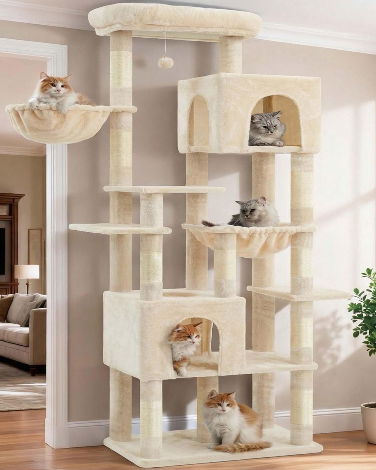 Heybly キャットタワー 高さ193cm 大型猫用 70cm広々ベース 猫タワー 高安定性 多頭飼いに最適 据え置き型 超大きい取り外し可能展望台2つの広々キャットハウス 2つの快適ハンモック 10本サイザル麻巻きポール 多機能 室内猫家具 ベージュ HC