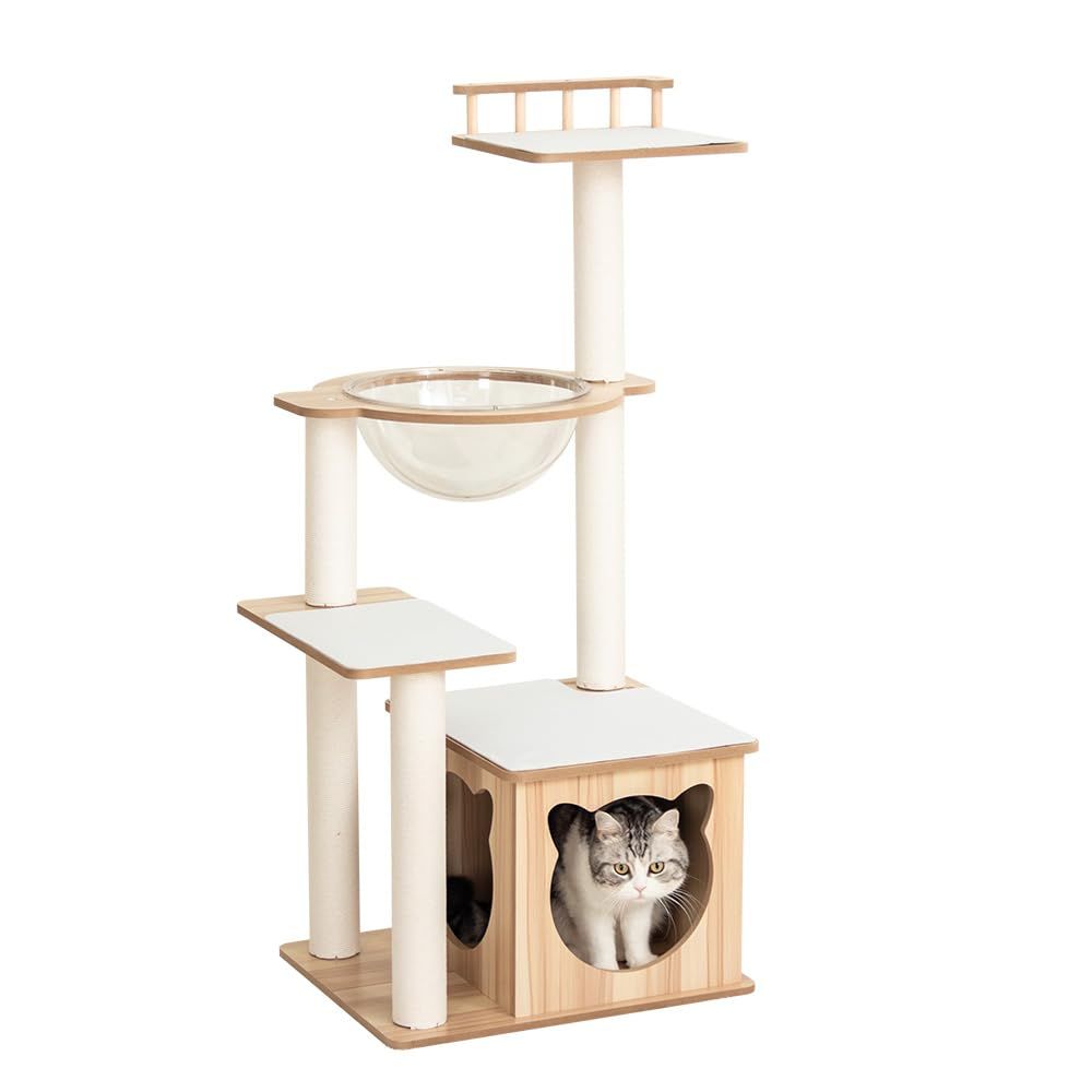 LULUCAT キャットタワー 据え置き おしゃれ コンパクト 多頭飼い 高さ112cm 木製 シニア猫 冬夏兼用 滑り止めマット付き 子猫 安定感 低め 転倒防止デザイン 展望台 猫ベッド 運動不足解消 省スペース スリム 爪とぎポール コットン紐 麻紐 遊