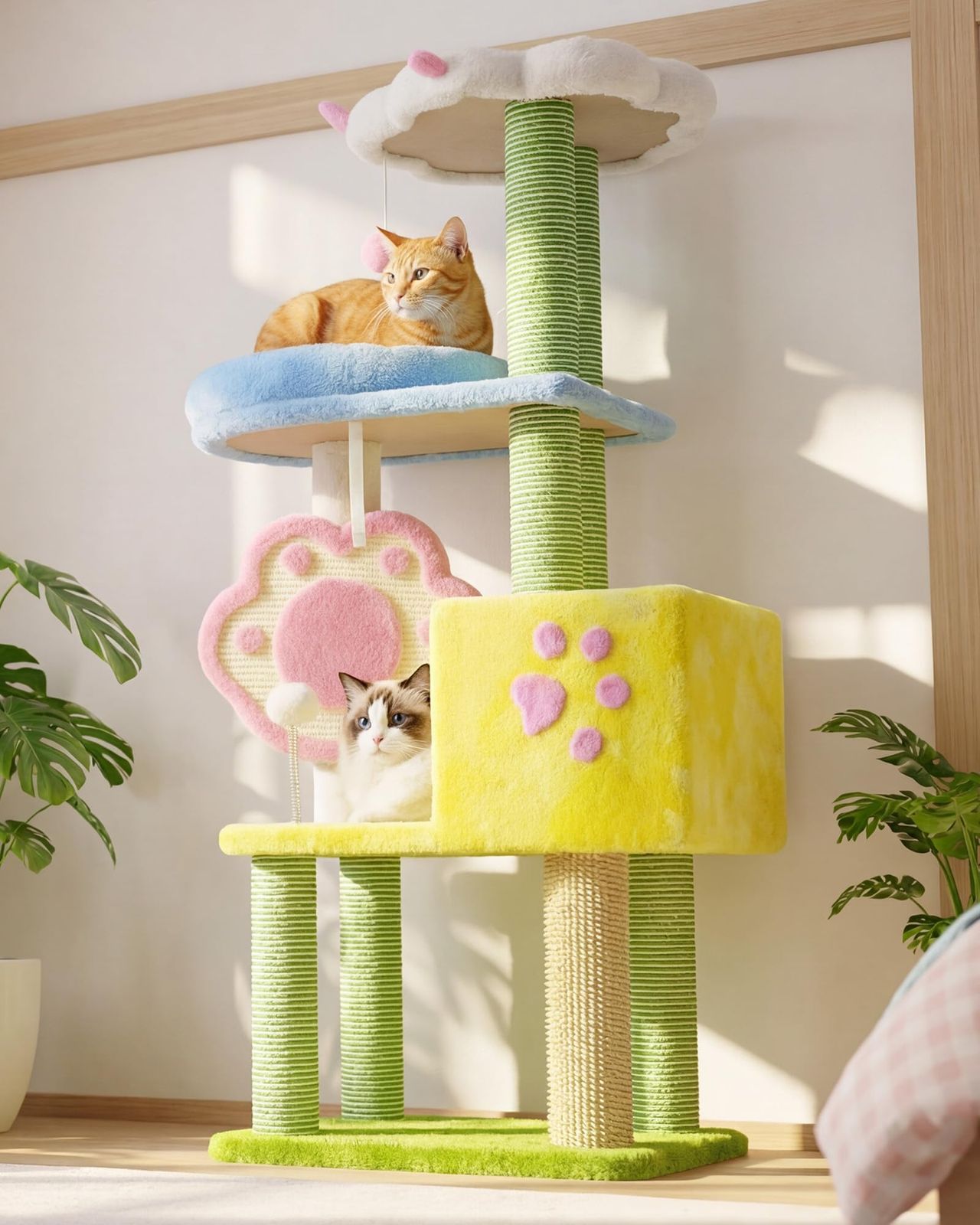 Heybly キャットタワー おしゃれ かわいい猫の爪デザイン 人気猫タワー 据え置き型 高安定性 SNS映え 高さ126cm 広々猫ハウス 猫の爪形スクラッチ板 トッププラットフォーム 全包みサイザルロープ グルーミングブラシ付き 装飾性ペット家具 HCT9
