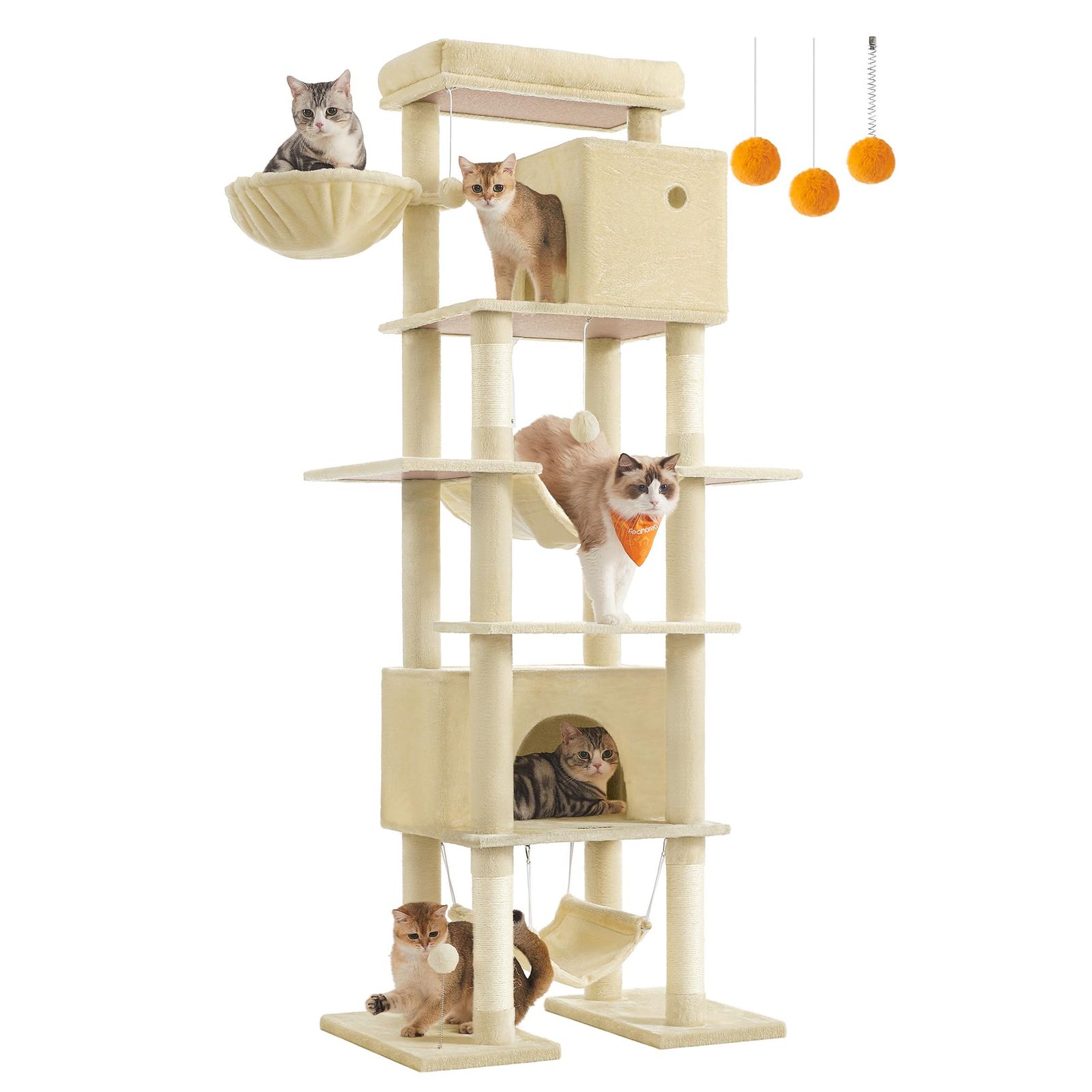 FEANDREA キャットタワー ねこタワー 大型猫用 多頭飼い 人気 据え置き 省スペース 登りやすい天然麻紐 爪とぎ 運動不足解消 高さ201CM 転倒防止用の帯が付き 組立簡単 使用の容易さ ベージュPCT195Y01