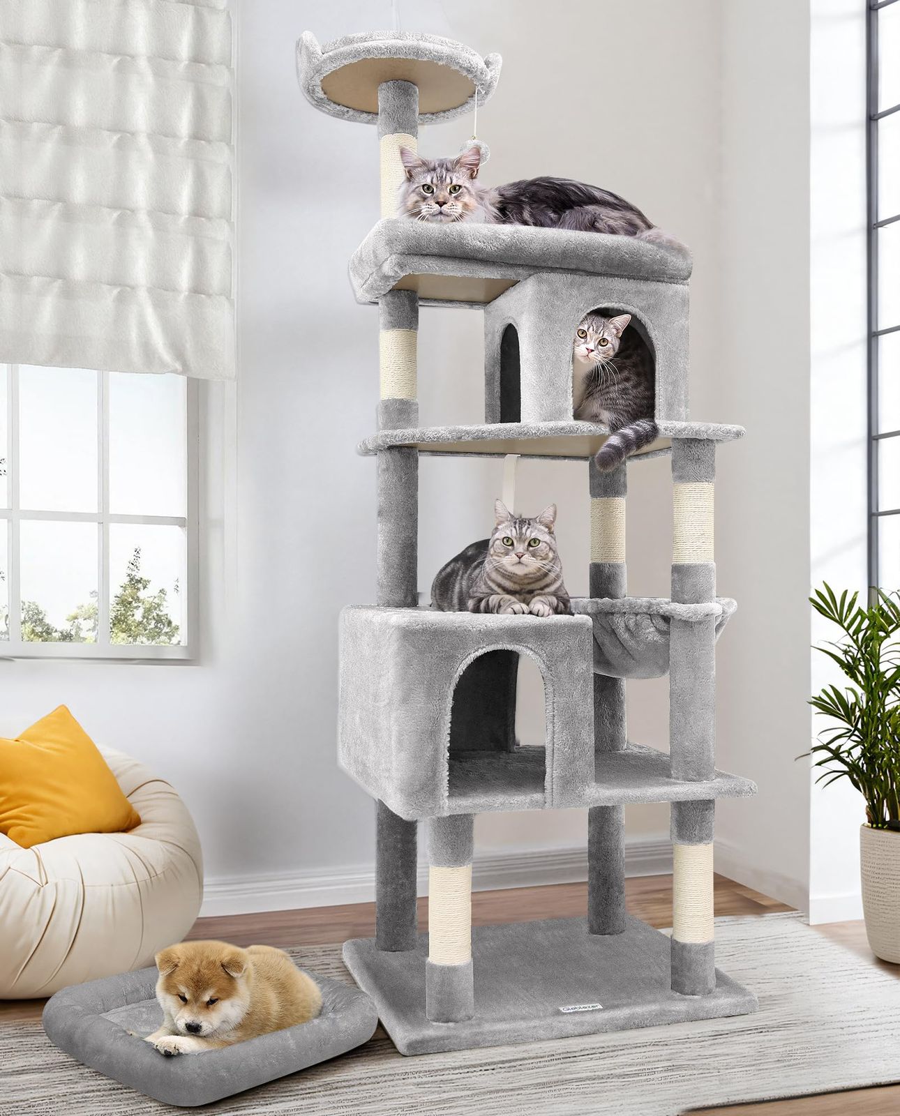 Globlazer キャットタワー 大型猫用 頑丈安定 タイプ 多頭飼い 2つキャットハウス 取り外し可能なクッション付きトップ見晴台 展望台を拡大 ポータブルペットベッド 猫の爪とぎボード 吊り下げバスケット 6つ天然麻紐爪とぎポール 猫のおもちゃ 多機能