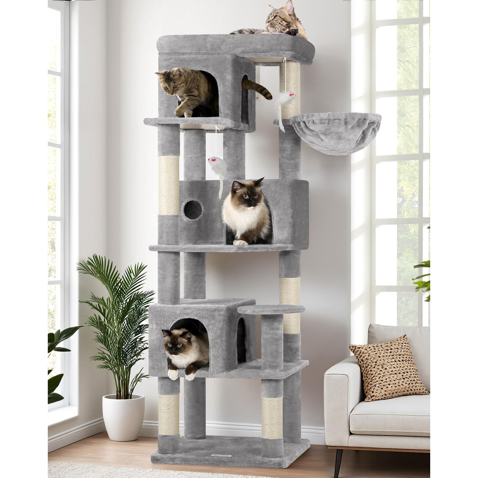 Globlazer キャットタワー 多頭飼い 大きな猫や 超スリム 据え置き型 省スペース キャットハウス3つ付き 隠れ家 柔らかい吊り下げバスケット 上部の見晴台 天然麻紐爪とぎ ぬいぐるみのネズミのおもちゃ 転倒防止ストラップ 強い安定性 簡単に登れる 運