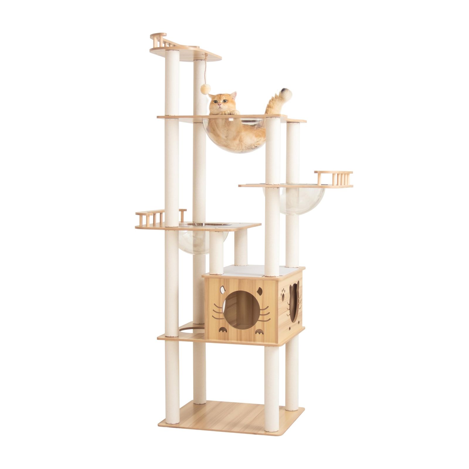 PETTIFUL キャットタワー 木製 据え置き 【怪我防止・縁張り】 大型 おしゃれ 高さ185cm 省スペース 多頭飼い 高級 シニア猫 成猫 インテリア性 木目調 重厚感 安定性強い スリム 猫タワー 宇宙船 大型猫 中型 猫 爪研ぎポール キャットツリ