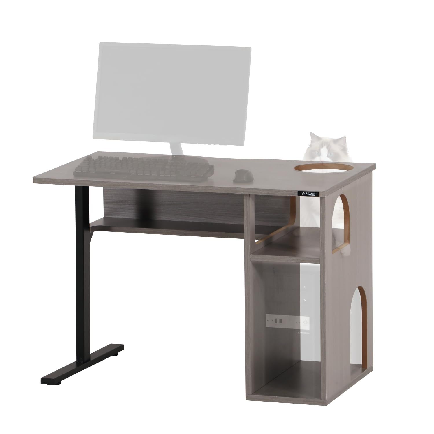 BIBILAB(ビビラボ) 猫ハウスデスク キャットハウス キャットタワー 一体型 パソコンデスク PCデスク 幅100cm 奥行き60cm 猫家具 クランプ対応 ゲーミングデスク PC収納 キャットウォーク 猫ベッド 収納 本棚 ホワイト グレー 木製 ネコ