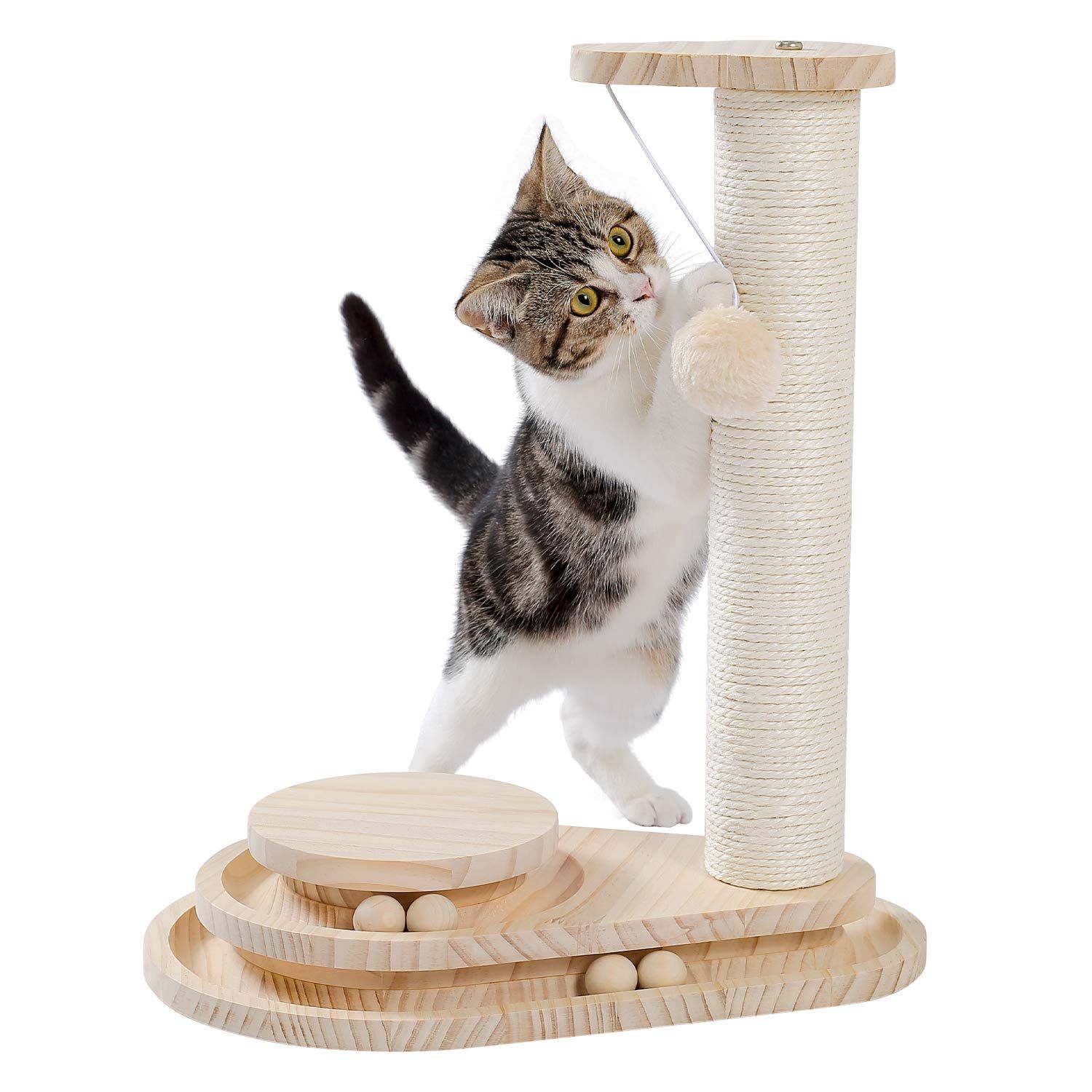 PAWZ Road 猫 おもちゃ 木製 一人遊び 爪研ぎポール 天然サイザル麻 猫用回転ボール 知育 ポンポンおもちゃ ナチュラル安全素材 子猫 コンパクト 省スペース ストレス解消 運動不足対策 安定 転倒防止 可愛い 人気 - 45cm
