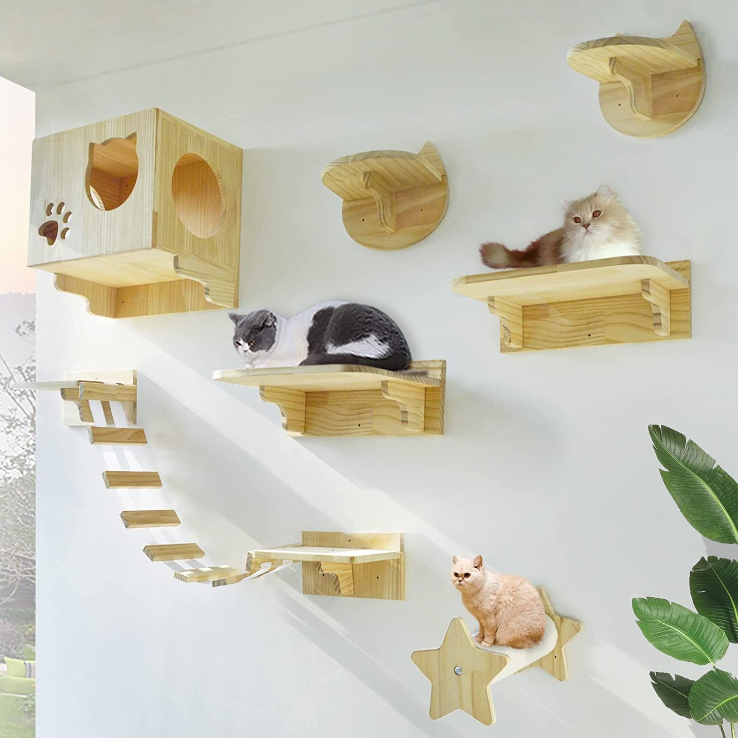 Umora 猫用 キャットタワー 猫家具 キャットステップ 猫棚 猫ハウス 木製 吊り橋 爪とぎポール キャットウォーク 壁付け 遊び場 ストレス解消 9つセット