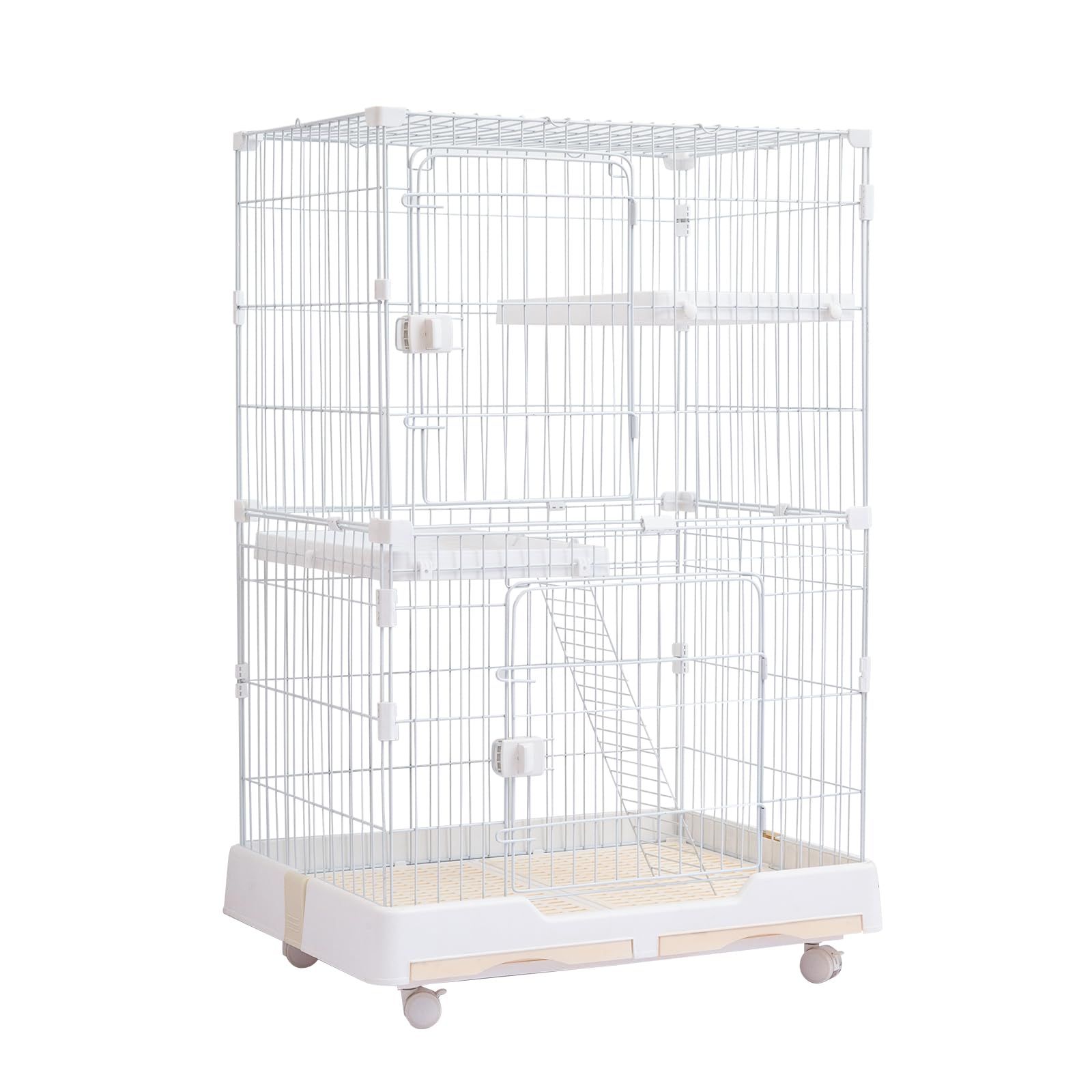 PETTOM 猫ケージ キャットケージ 幅82cm 2/3段 ペット 猫 キャットゲージ キャット タワー 収納 キャスター 付 脱走防止扉 頑丈 檻 ねこ ネコケージ コンパクト ハンモック 多頭飼い (ホワイト 2段)