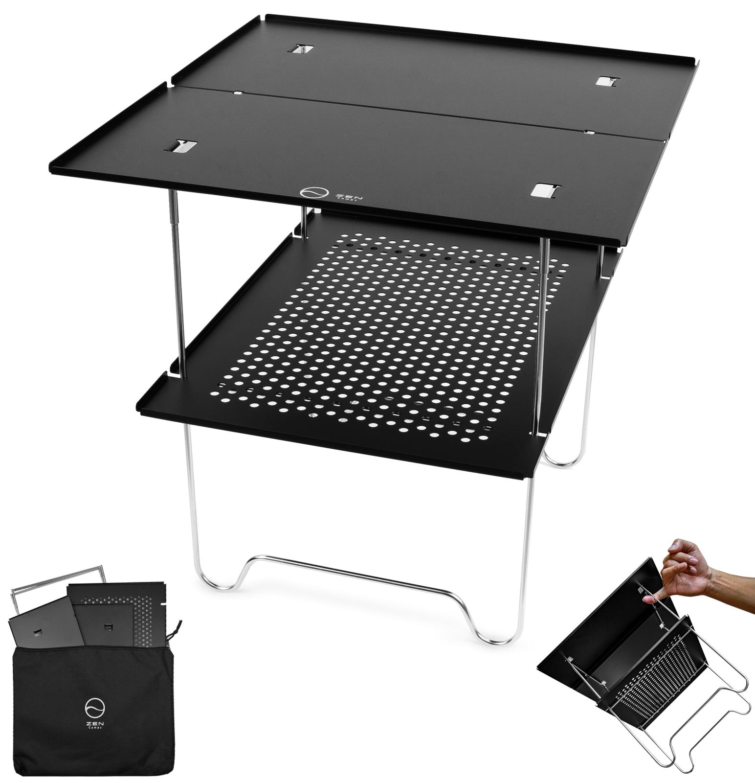 ZEN Camps Air-2 Table アウトドアテーブル ソロキャンプ コンパクト 折り畳み式 アルミニウム 超軽量566g (ブラック（本体）)