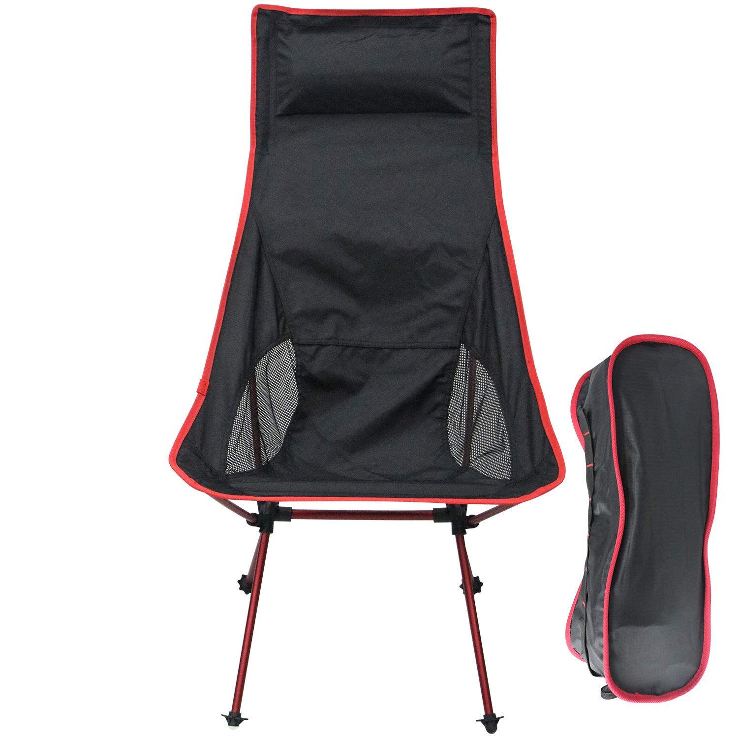 Sutekus 超軽量アルミ製イス 折りたたみ椅子 アウトドアチェア 枕付き HIGHサイズ 【耐荷重150kg】 コンパクト 収納袋付き お釣り 登山 携帯便利 キャンプ用 (レッド)