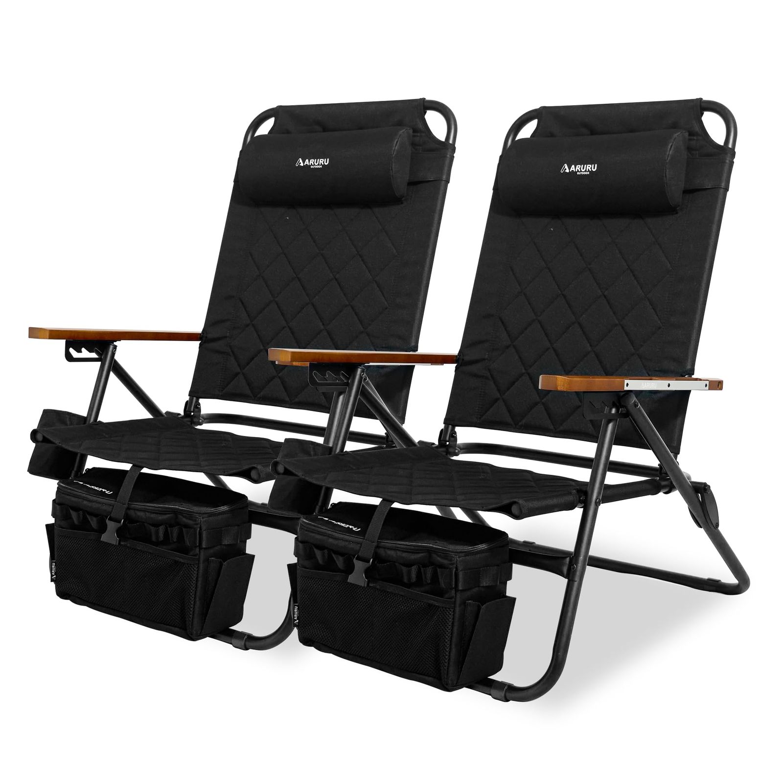 ARURU キャンプチェア ローチェア リクライニング アウトドアチェア 4段階調節 耐荷重120kg ヘッドレスト付き 木製風アームレスト 折りたたみ ソロキャンプ BBQ