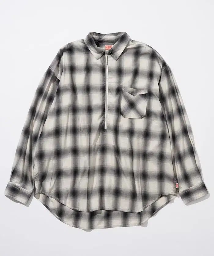FREAK'S STORE × HINSON オーバーサイズ ハーフジップアップ メディカル スリーピング オンブレ チェックシャツ 白 L