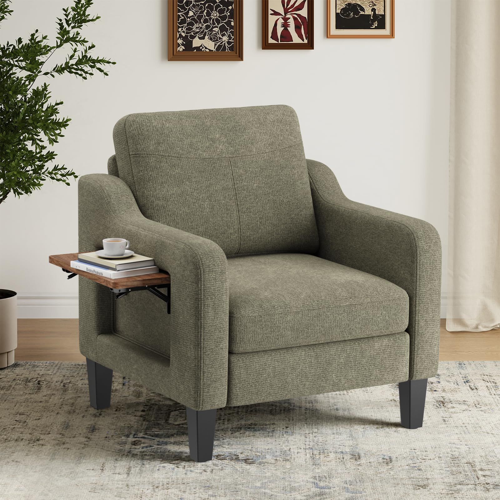 CHAIRKER ソファ 一人用 リビング モダン リネン生地張り アームチェア 折りたたみテーブル付き サイドポケット2個 快適読書チェア 寝室用 グリーン