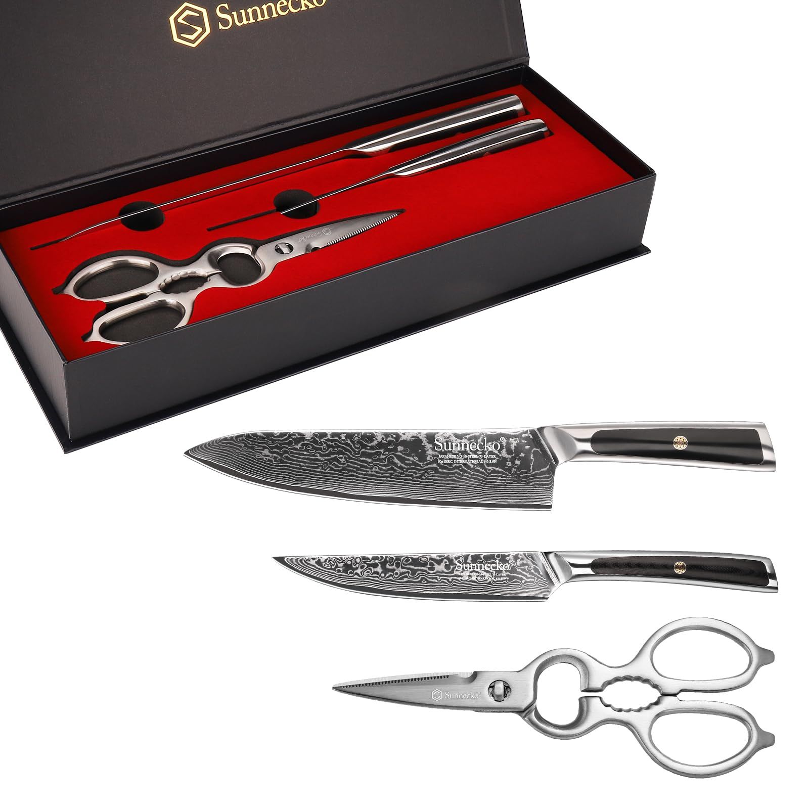 Sunnecko 包丁セット ダマスカス 包丁 牛刀 ペティナイフ キッチンハサミ 203mm (3点セット)wb a597cee8
