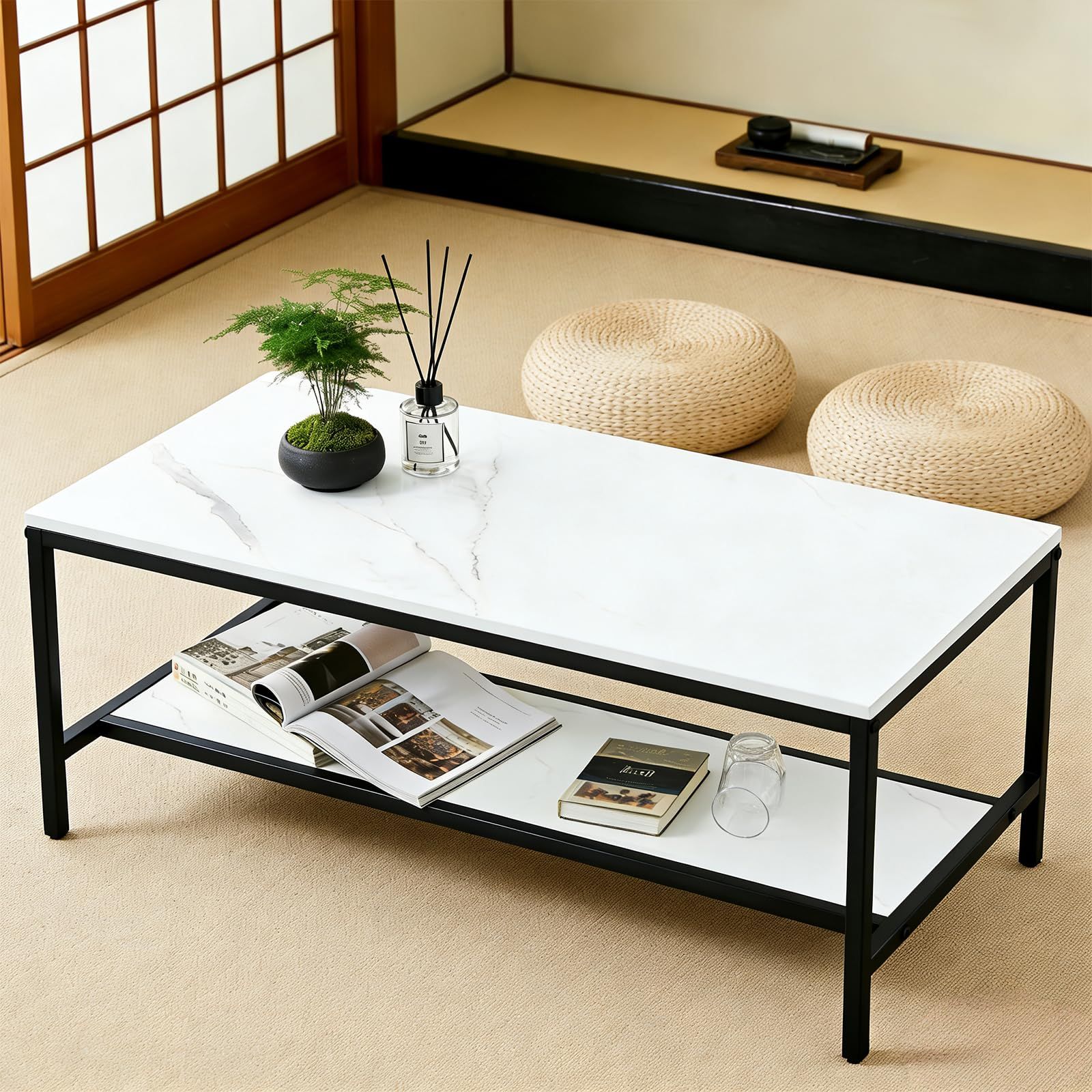 Aerlife ローテーブル 幅100cm 大理石風 センターテーブル 収納付き 高さ38cm リビング 机 二段収納 コンパクト 高さ調節足 コーヒーテーブル おしゃれ 省スペース 食卓 頑丈 安定 一人暮らし 書斎 和室 (ホワイト)