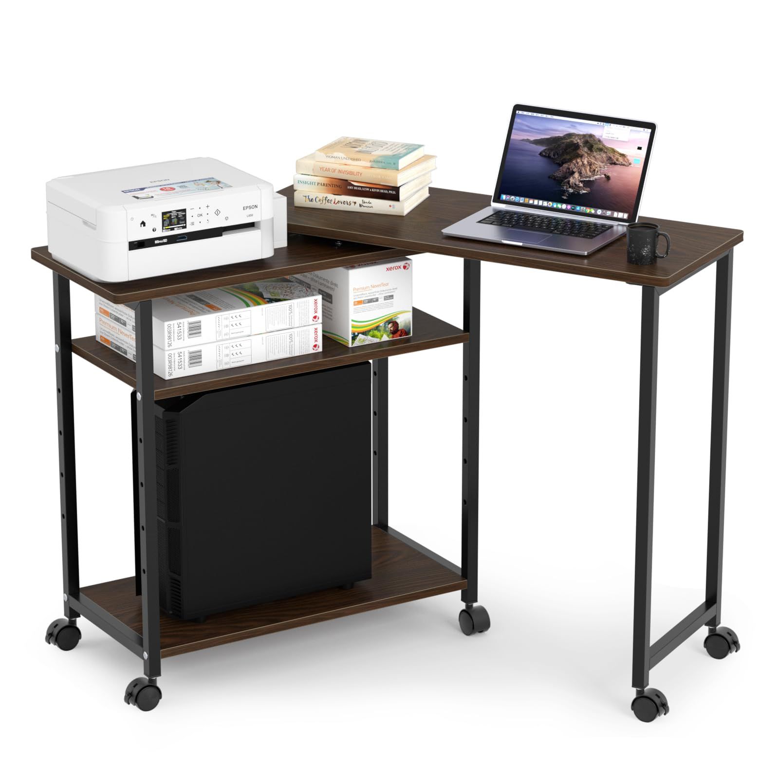 サイドテーブル DEWEL 360°自由回転 パソコンデスク L字型 コーナー机 ゲーミング 幅75cm 幅65cm 幅110cm 2段収納ラック付き 棚板高さ調節可能 キャスター付き 木製 作業机 勉強机 オフィスデスク ゲーミング テレワーク用 キッチンワ