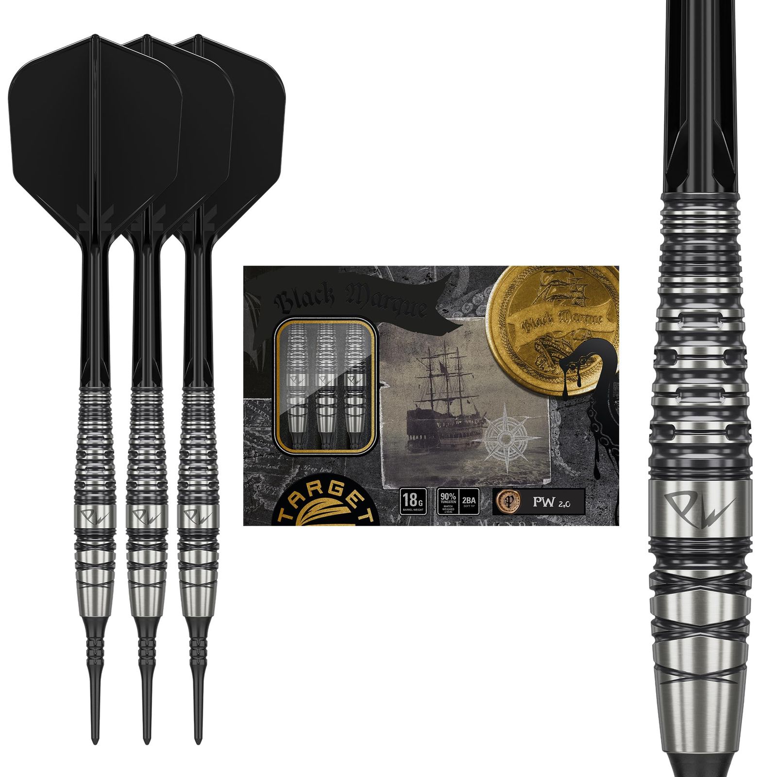 TARGET Japan(ターゲットジャパン) BLACK MARQUE PW 2.0 90% 2BA SOFT TIP DARTS タン・プワイ・ウェイモデル 90% タングステン K-Flex 2BA ソフトチップダーツセット 18g (ブラックマーク P