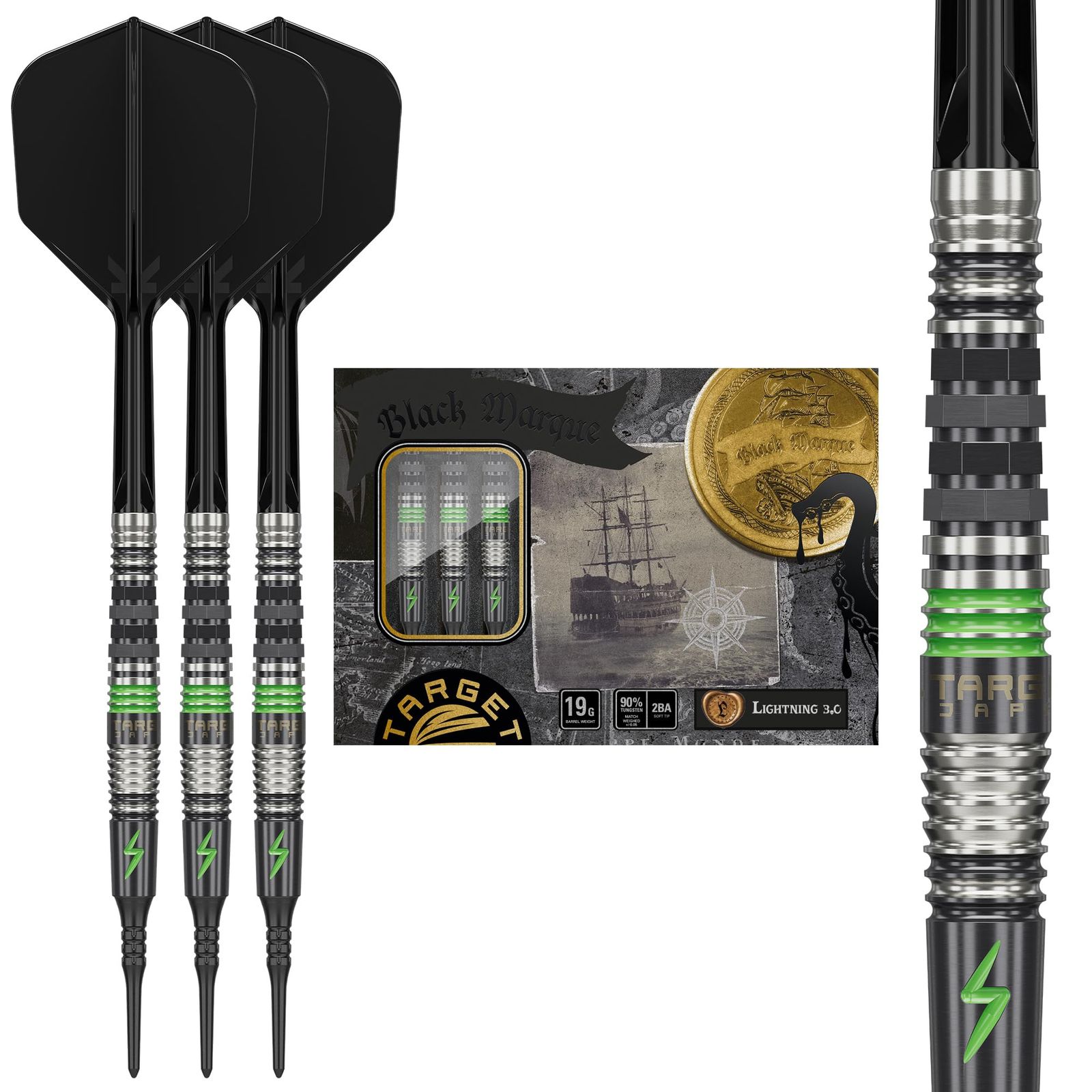 TARGET JAPAN(ターゲットジャパン) BLACK MARQUE LIGHTNING 3.0 90% 2BA SOFT TIP DARTS クリス・リムモデル 90% タングステン K-Flex 2BA ソフトチップダーツセット 19g (ブラックマー