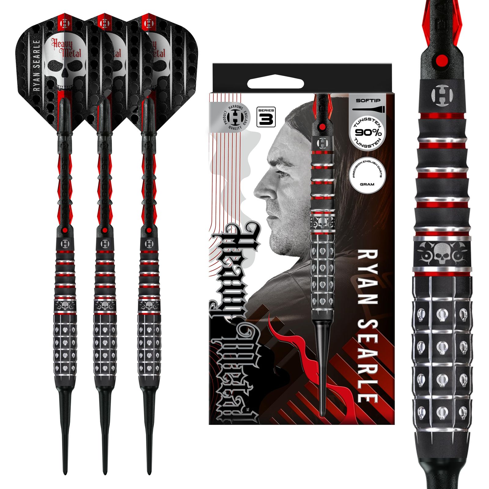 Harrows Ryan Searle ヘビーメタル 90%タングステンダーツ、シリーズ3ソフトチップダーツセット - 18g & 20g - レッドカーボンシャフト&シリカフライト付き - 電子ダーツボード用プロフェッショナルソフトチップダーツ(18g)