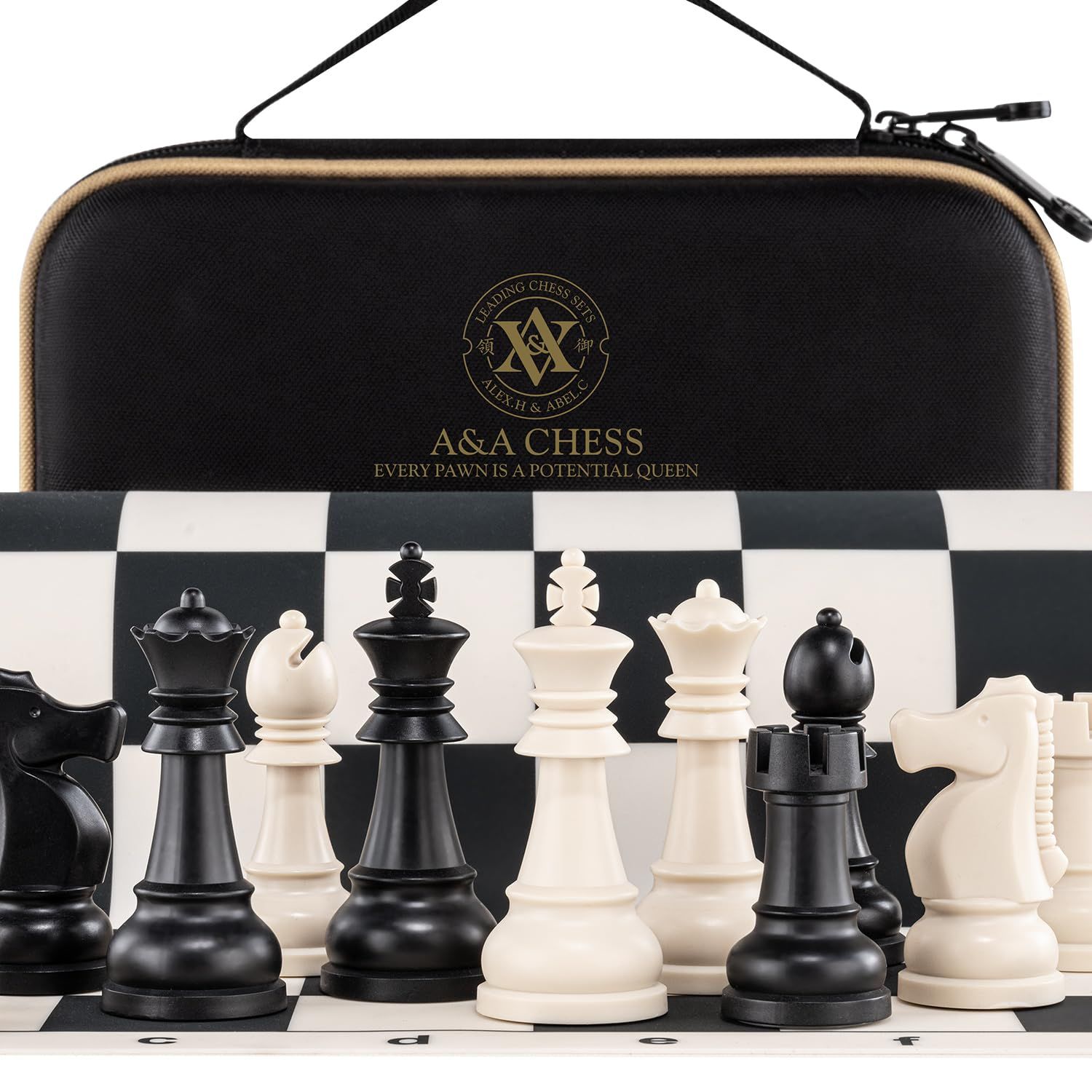 A&A トラベルチェスセット / 15インチ x 15インチ 折りたたみ式シリコンチェスボード / 3.25インチ キングハイト プラスチック スタントン ピース/収納バッグ