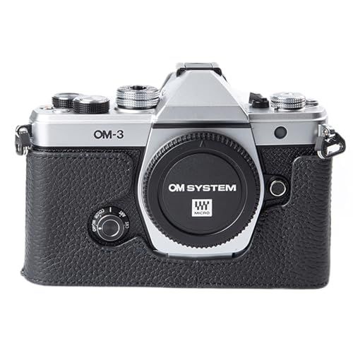 Olypuos OM SYSTEM OM-3専用 手作り本革 レトロスタイルの半包みカメラレザーケース コンパクト設計、三脚取り付け可能、キズ・摩耗防止 (黒色-黒線)/ 6d623538