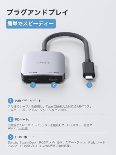 Hagibis ARグラス用USB-C変換アダプター 8K@60Hz・4K@144Hz対応 | 100W PD充電/XREAL・Viture・Rokid・iPhone・ROG Ally対応Y a42e2674｜詳細画像