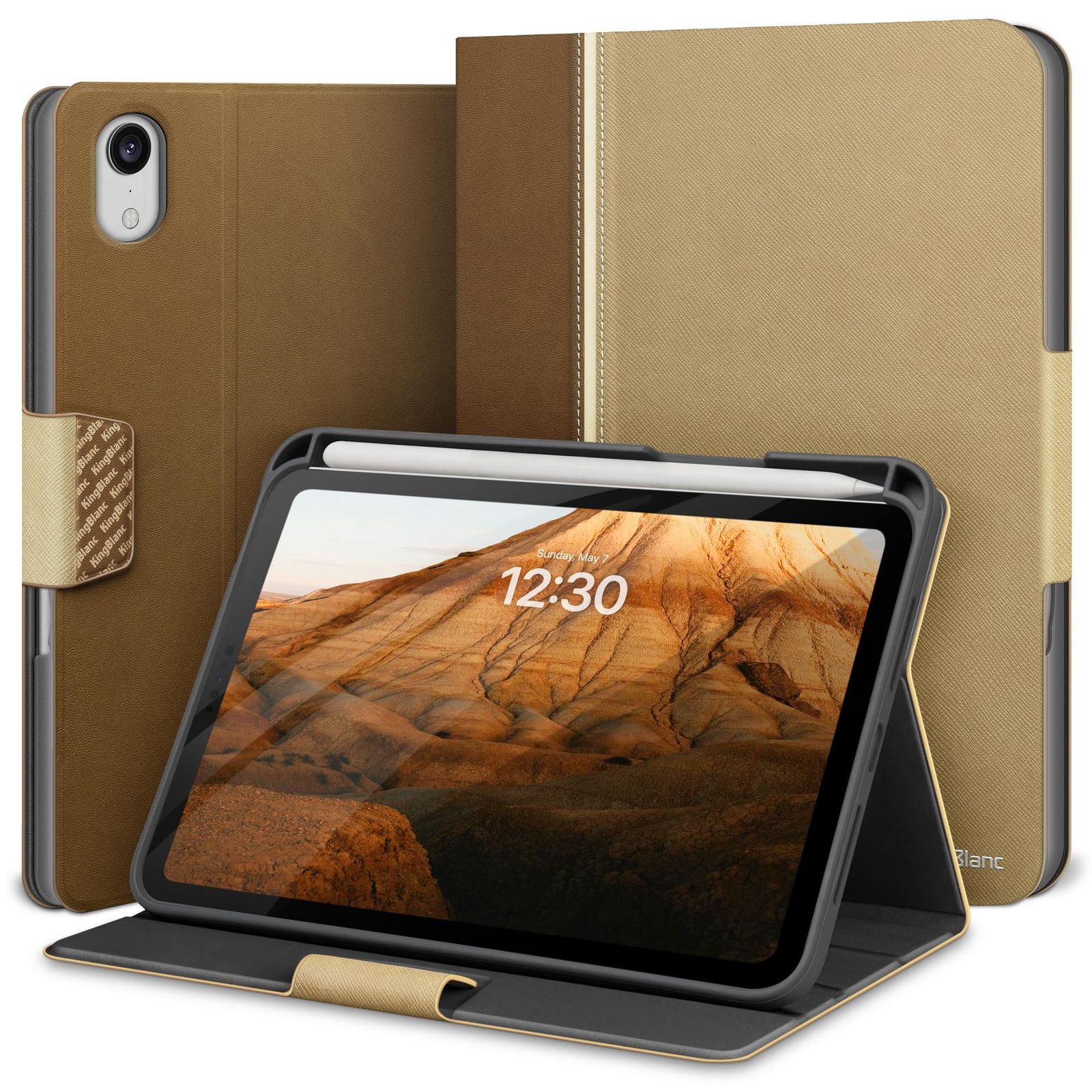 KingBlanc 新型 iPad mini7 ケース (A17 Pro 2024)・iPad mini 6 ケース 2021 モデル 手帳型 ペンホルダー付き ペン収納可能 オートスリープ・スタンド機能付き ワイヤレス充電対応 高級Puレザー製 全 ...