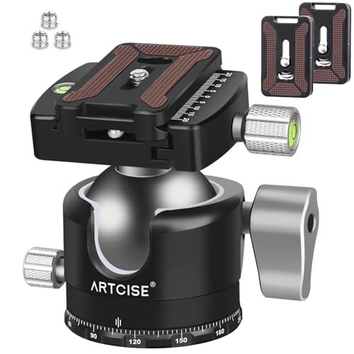 ARTCISE 50mm 低重心 ボール雲台 軽量 CNCアルミ三脚雲台 Arca-Swiss互換 クイックリリースプレート U型スロット搭載 高耐荷重 水準器付き 予備プレート付(沖縄・離島の方発送不可）) add7f333