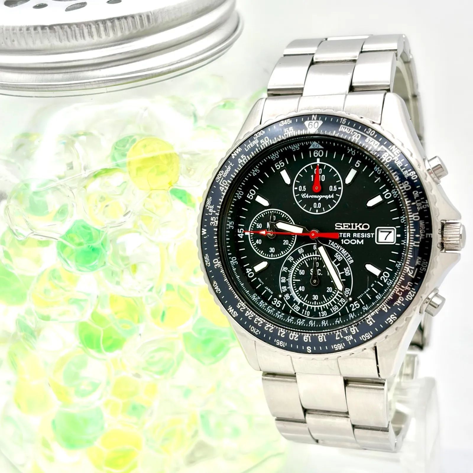 【新品電池】SEIKO セイコー パイロット メンズ 腕時計 シルバー クロノグラフ 100M デイト V657-8120 291743 純正ベルト