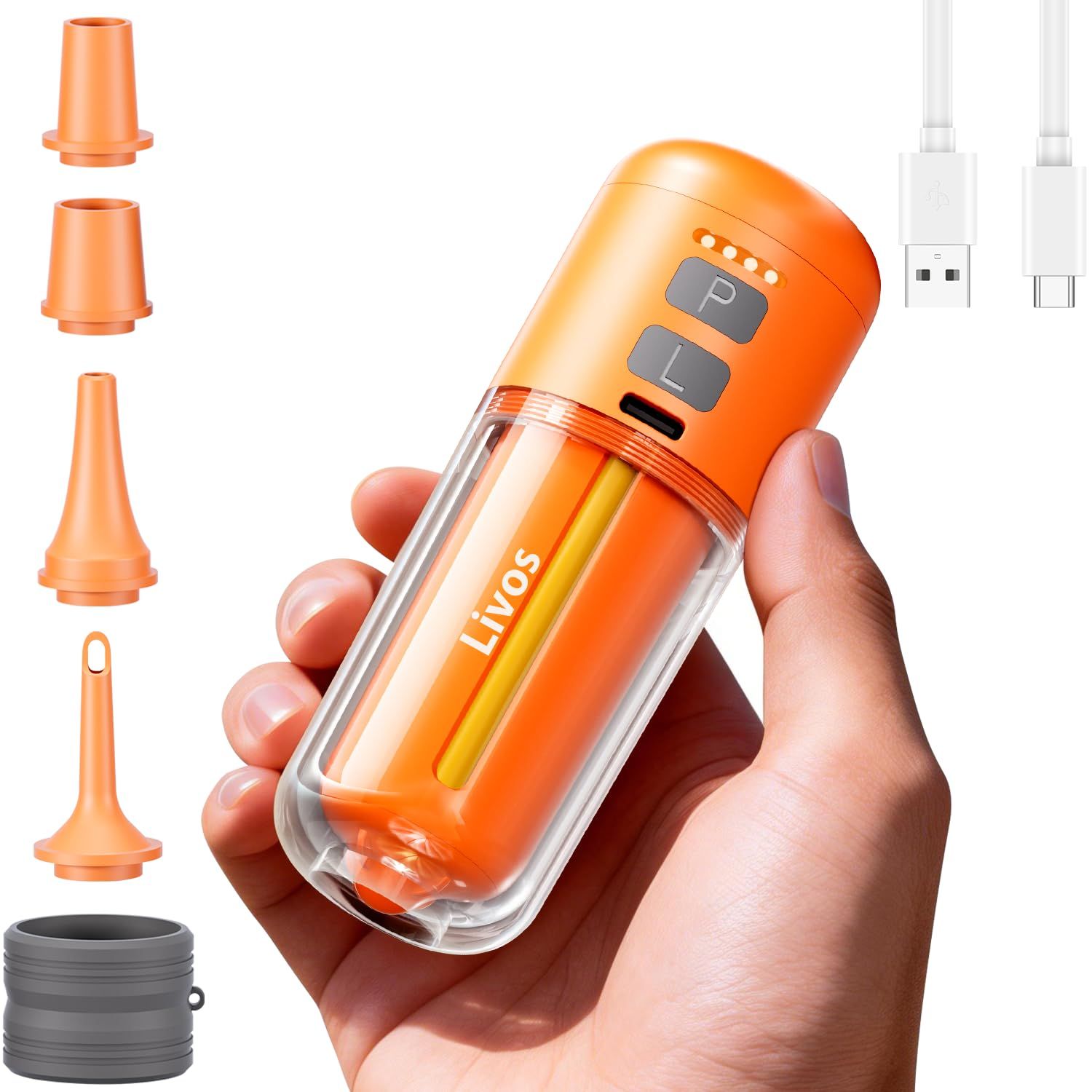 Livos 電動ポンプ 携帯式エアーポンプ 強力な430L/分高速充填の電動空気入れ 2000mAhバッテリー USB充電式 超軽量設計 照明ライト付き、呼吸する環境光、SOSライト エアーマットレス、スイミングリング、圧縮袋 旅行などに適用 64e1c413