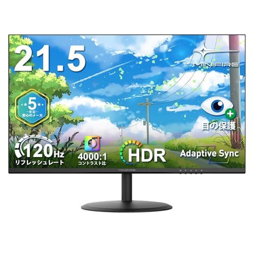 Minifire モニター 21.5インチ pcモニター 120Hz フルhd 非光沢 液晶ディスプレイ Adaptive Sync VESA対応 フレームレス HDMI*2 ブルーライト軽減 チルト調節可 ビジネス用 五年保証(HDMIケー 212ac317