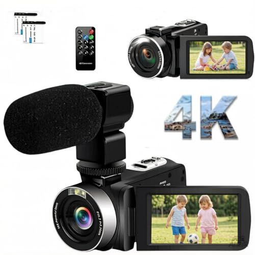 ビデオカメラ 4K 75MP 30FPS 18Xデジタルズーム 外付けマイク付属 LEDフィルライト機能 3.0インチ LCDスクリーン Vlogカメラ YouTube用ウェブカメラ 一時停止機能 リモコン付き バッテリー2個 日本語取扱説明 df529b9d