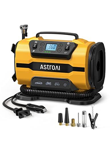 AstroAI エアーコンプレッサー 電動空気入れ 5 in 1 タイヤ・プール 自動車用 AC/DC給電 150 PSI 自動電源オフ メモリ機能 LEDライト五種類変換ノズル 仏式/米式/英式 全バルブ対応 バイク 自転車 エアマットレス 050f99c5