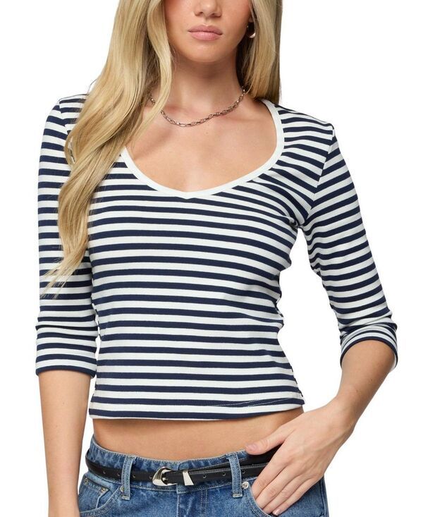 アディクテッド レディース トップス シャツ Vネック Edikted Poppie Striped V Neck Top NavyandWhite ホワイト