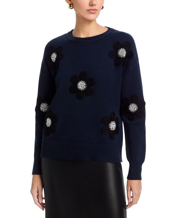 ティー・タハリ レディース アウター ニット・セーター クルーネック Tahari Long Sleeved Fuzze Flowers Crewneck Pullover Sweater Navy Black ブラック 10,991円