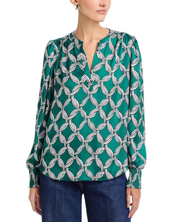 ティー・タハリ レディース トップス シャツ シャーリング ブラウス Tahari Long Sleeved Split Neck Blouse With Smocked Cuffs Infinity Chain