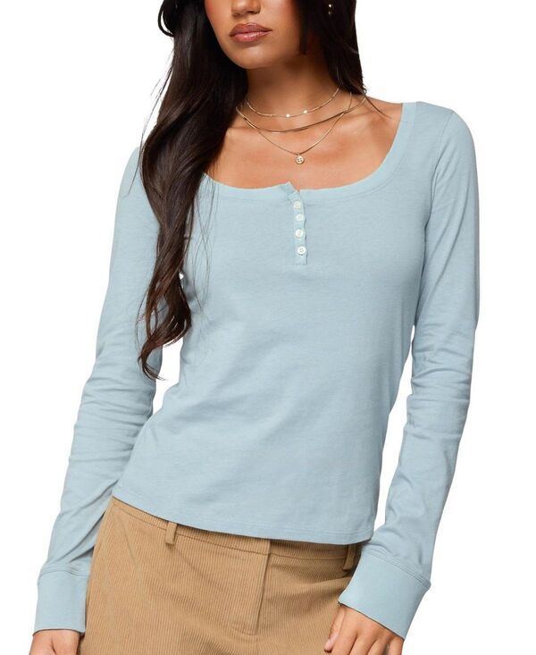 アディクテッド レディース トップス シャツ Edikted Steffey Scoop Neck Henley Top LightBlue ブルー
